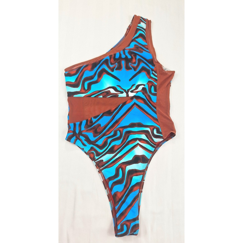 Icon Swim Womens‎ XS One Shoulder Abstract Tiger Print Mesh One Piece Swimsuit